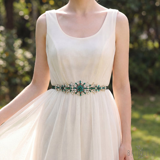 Green Rhinestone Bridal Belt Wedding Dress Sash - Bridella BS319KL - Green Ribbon - Blets