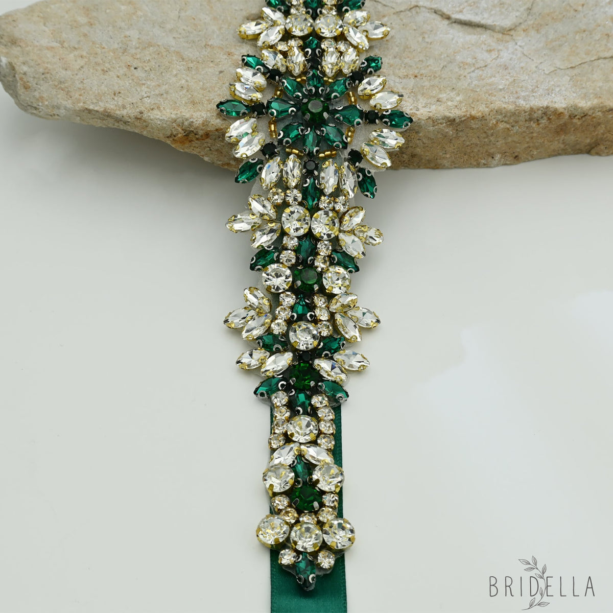 Green Rhinestone Bridal Belt Wedding Dress Sash - Bridella BS319KL - Green Ribbon - Blets