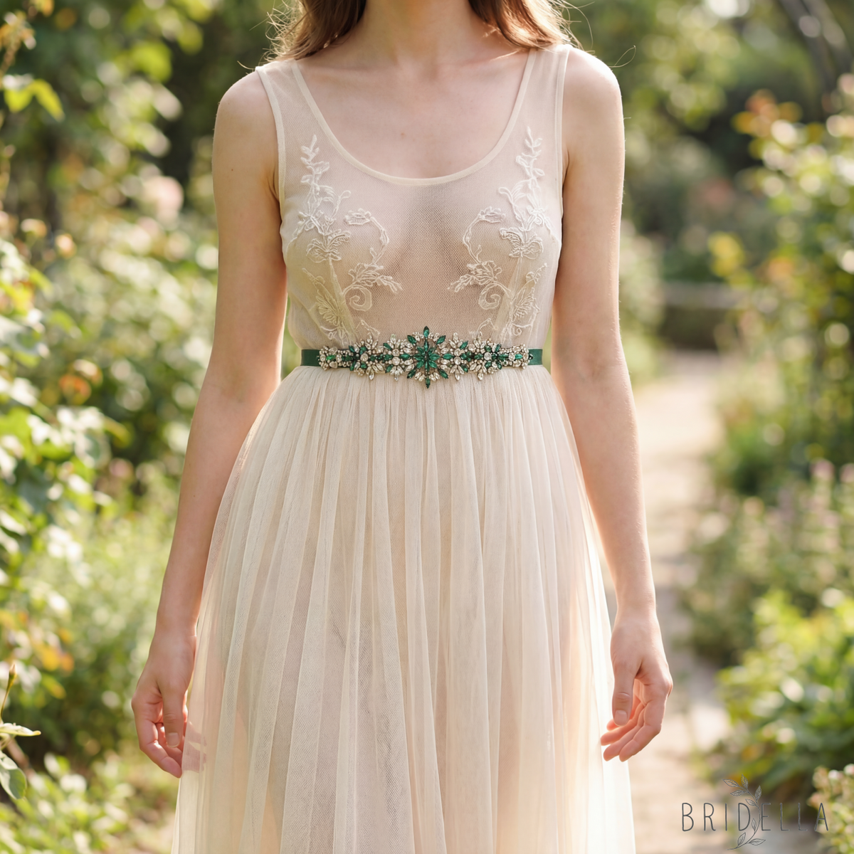 Green Rhinestone Bridal Belt Wedding Dress Sash - Bridella BS319KL - Green Ribbon - Blets