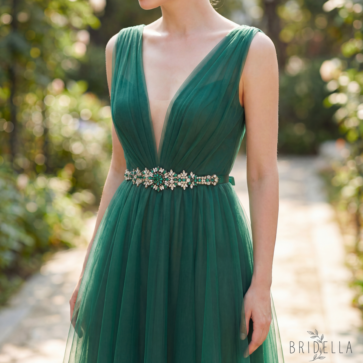 Green Rhinestone Bridal Belt Wedding Dress Sash - Bridella BS319KL - Green Ribbon - Blets