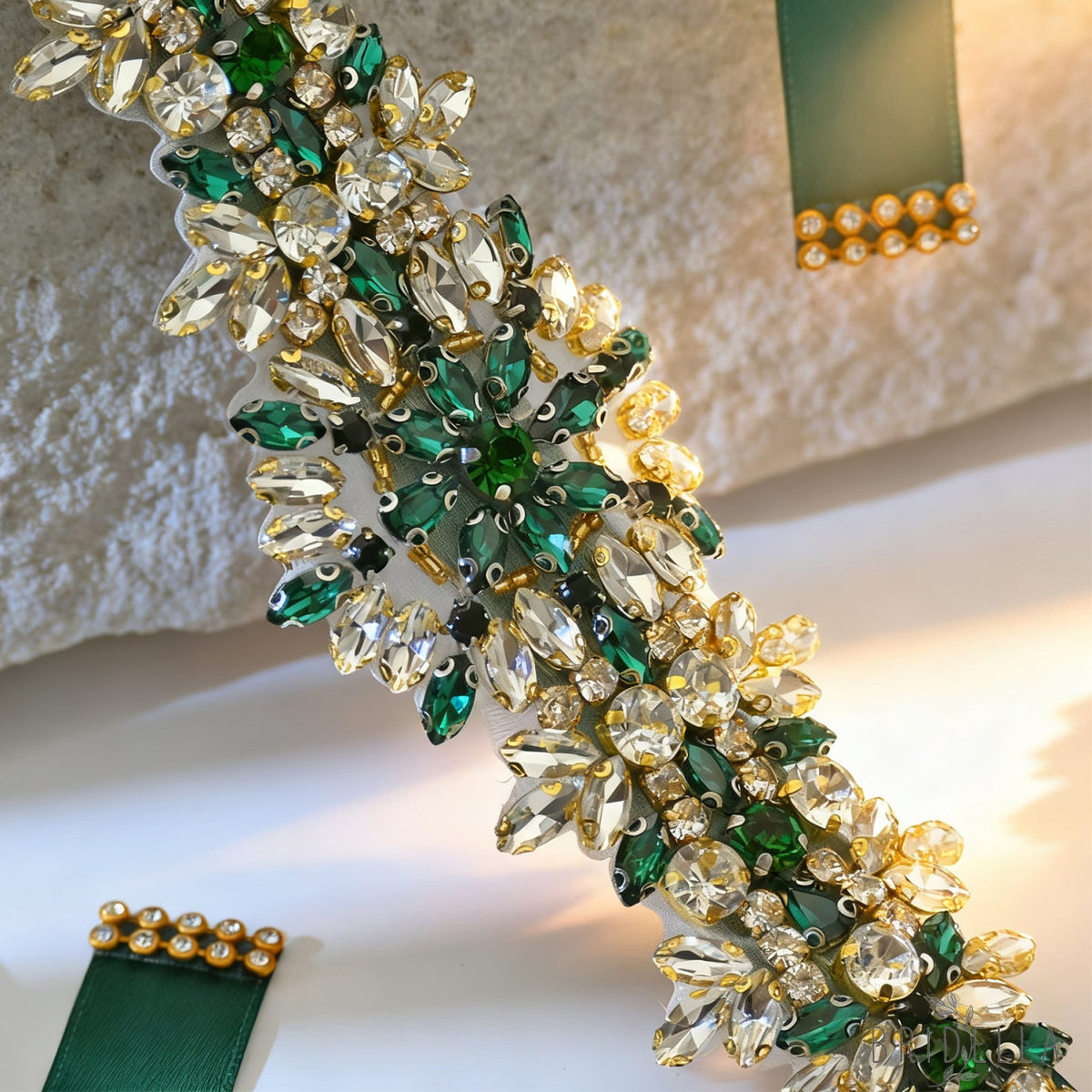 Green Rhinestone Bridal Belt Wedding Dress Sash - Bridella BS319KL - Green Ribbon - Blets