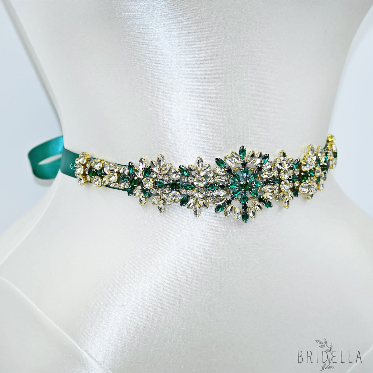 Green Rhinestone Bridal Belt Wedding Dress Sash - Bridella BS319KL - Green Ribbon - Blets