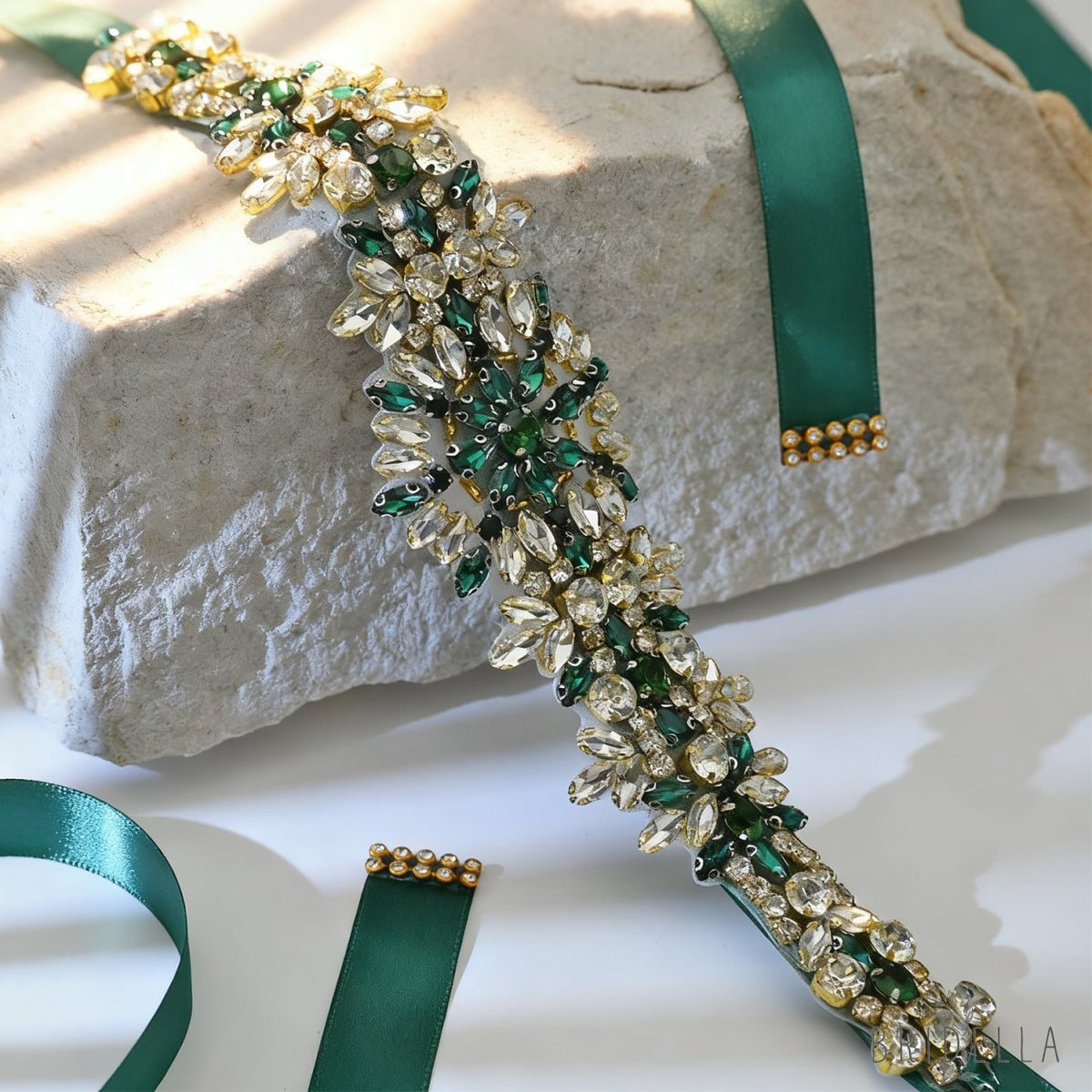 Green Rhinestone Bridal Belt Wedding Dress Sash - Bridella BS319KL - Green Ribbon - Blets