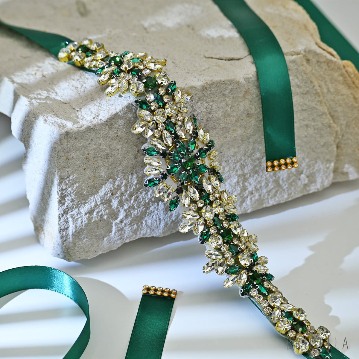 Green Rhinestone Bridal Belt Wedding Dress Sash - Bridella BS319KL - Green Ribbon - Blets