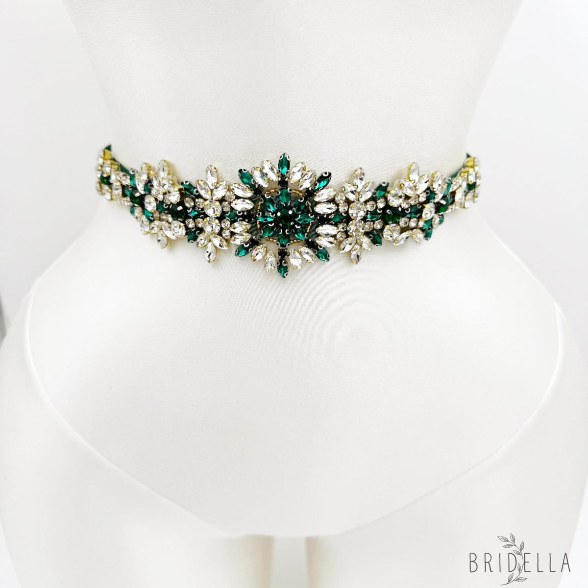 Green Rhinestone Bridal Belt Wedding Dress Sash - Bridella BS319KL - Green Ribbon - Blets