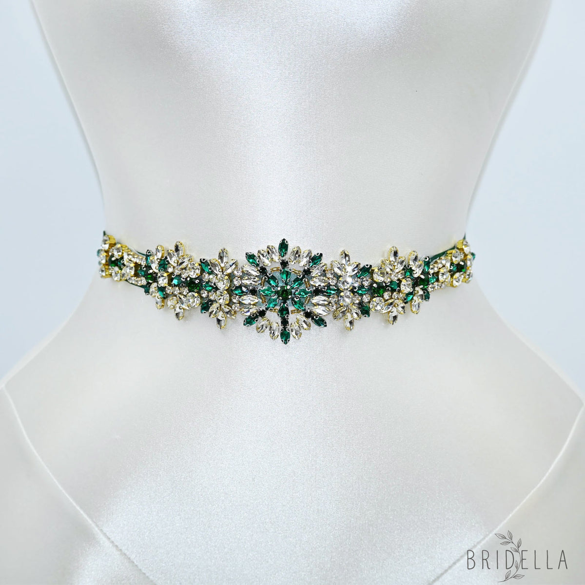 Green Rhinestone Bridal Belt Wedding Dress Sash - Bridella BS319KL - Green Ribbon - Blets