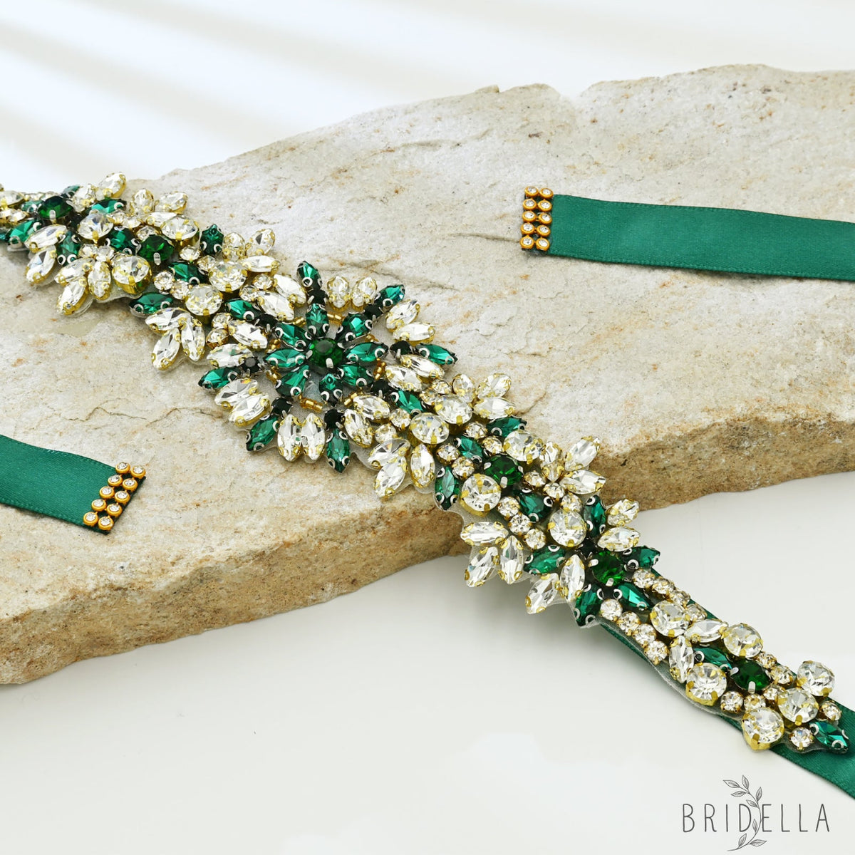 Green Rhinestone Bridal Belt Wedding Dress Sash - Bridella BS319KL - Green Ribbon - Blets
