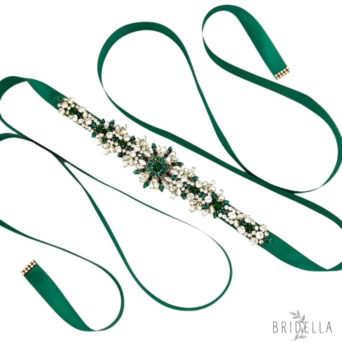 Green Rhinestone Bridal Belt Wedding Dress Sash - Bridella BS319KL - Green Ribbon - Blets