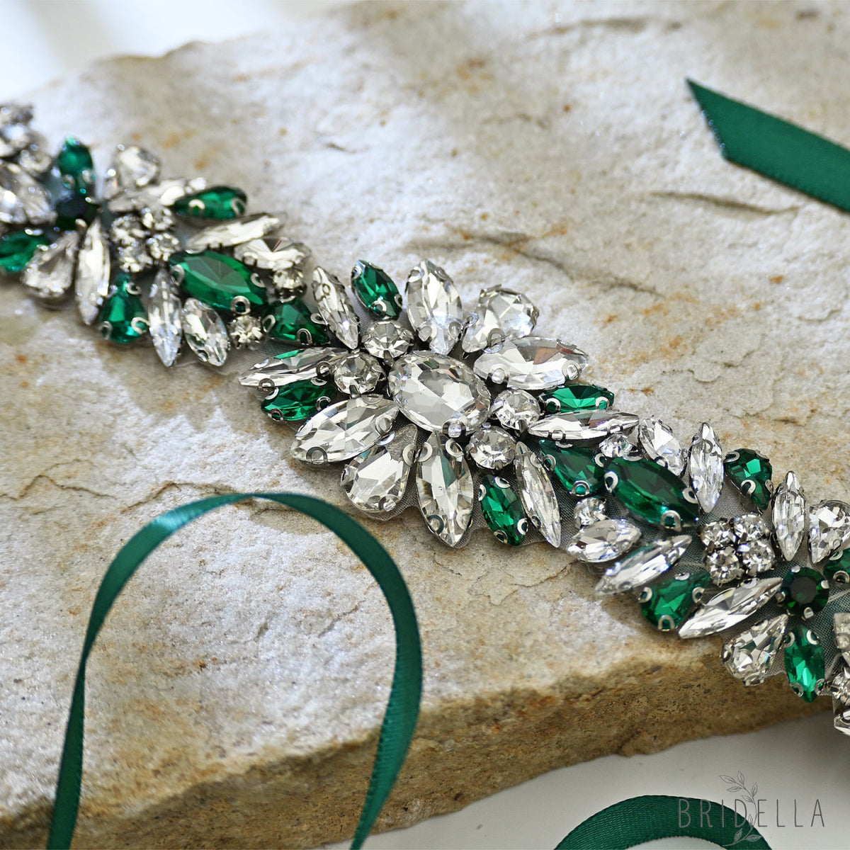 Green Rhinestone Bridal Belt Wedding Sash - Bridella BS122KL - Green Ribbon - Belts