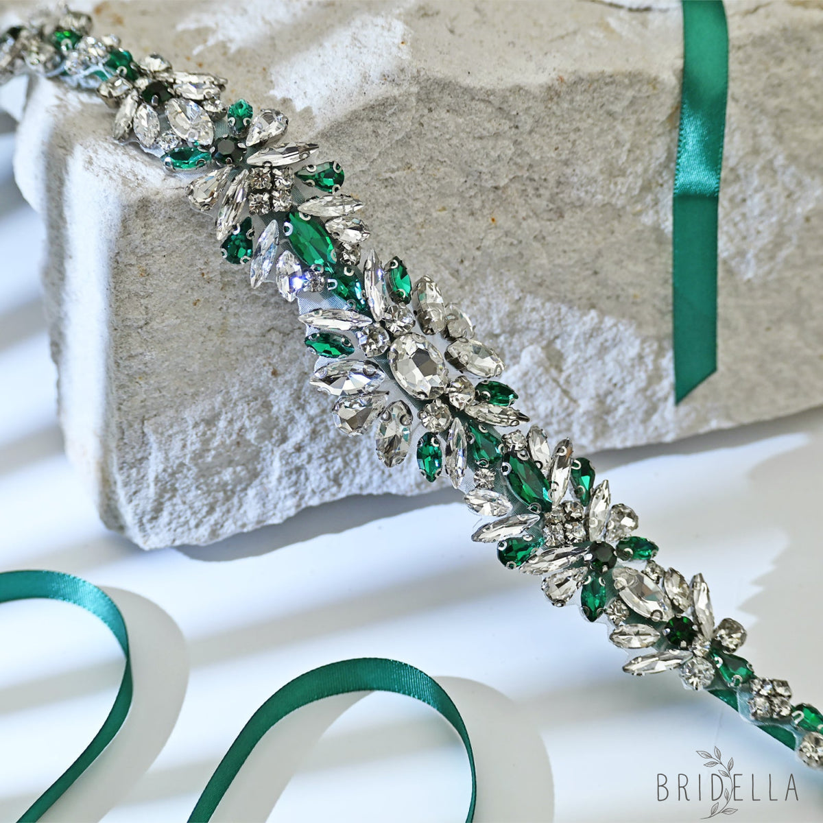 Green Rhinestone Bridal Belt Wedding Sash - Bridella BS122KL - Green Ribbon - Belts