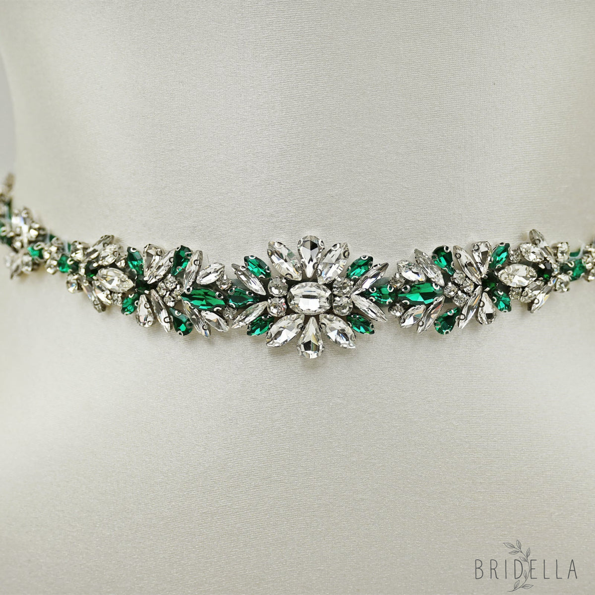 Green Rhinestone Bridal Belt Wedding Sash - Bridella BS122KL - Green Ribbon - Belts