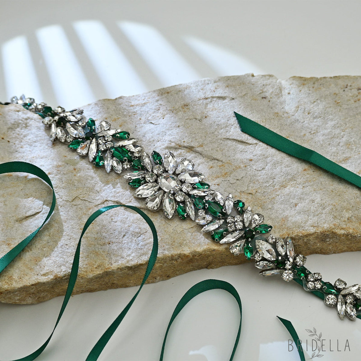 Green Rhinestone Bridal Belt Wedding Sash - Bridella BS122KL - Green Ribbon - Belts