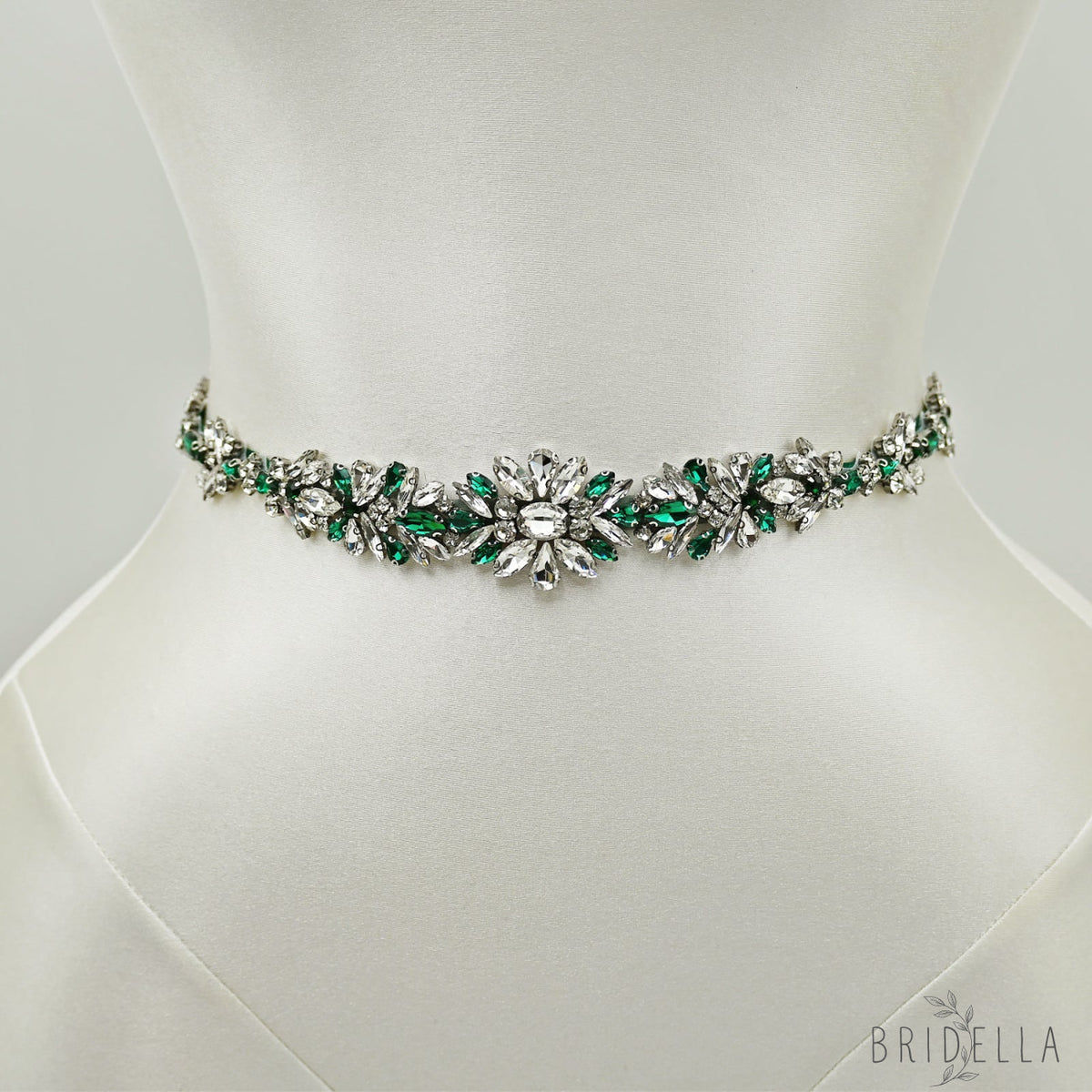 Green Rhinestone Bridal Belt Wedding Sash - Bridella BS122KL - Green Ribbon - Belts