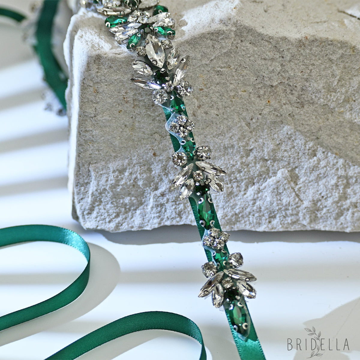 Green Rhinestone Bridal Belt Wedding Sash - Bridella BS122KL - Green Ribbon - Belts
