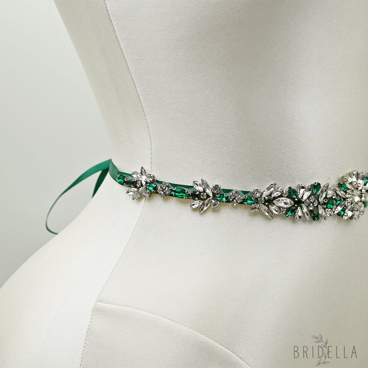 Green Rhinestone Bridal Belt Wedding Sash - Bridella BS122KL - Green Ribbon - Belts