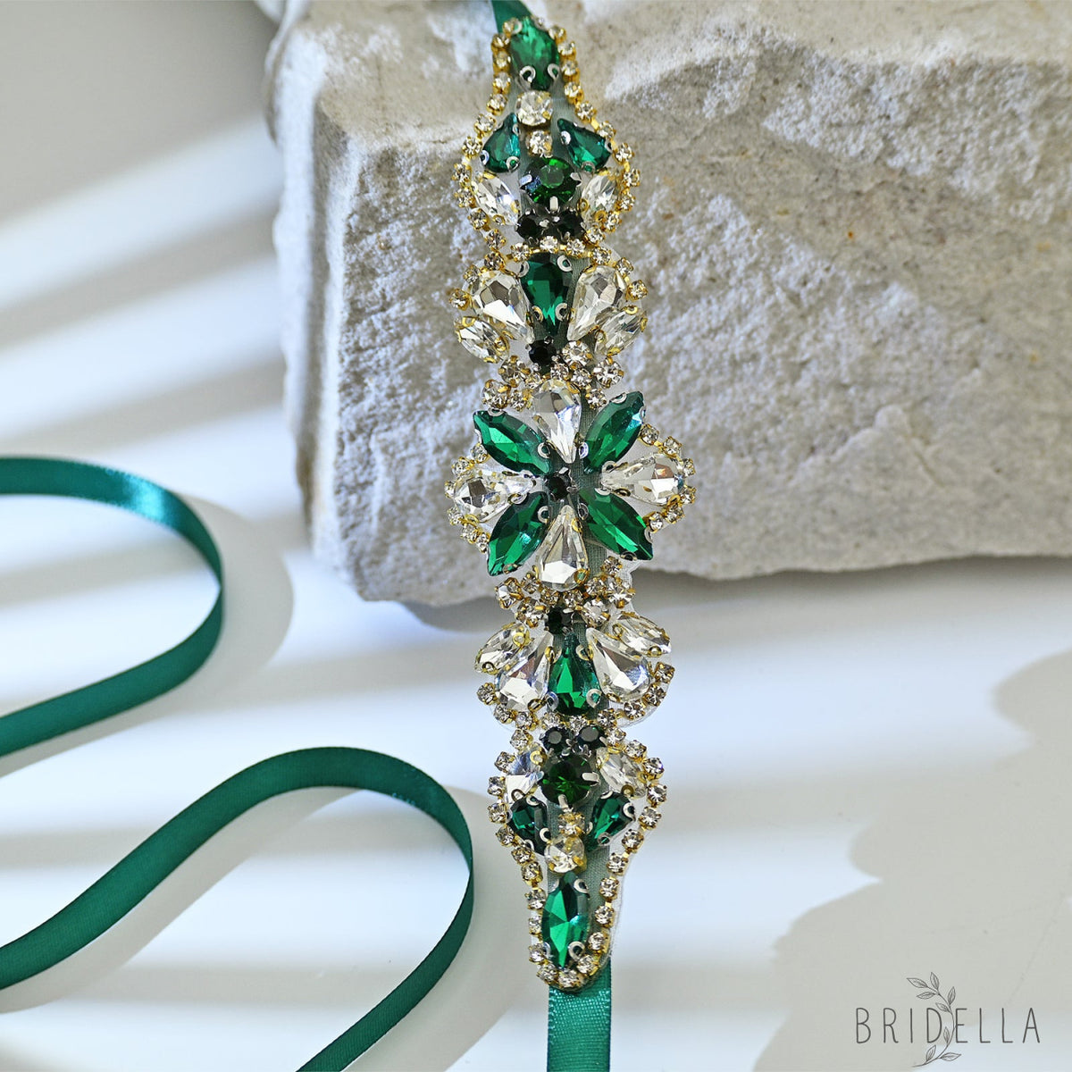 Green Rhinestone Bridal Belt Wedding Sash - Bridella BS137GKL - Green Ribbon - Belts