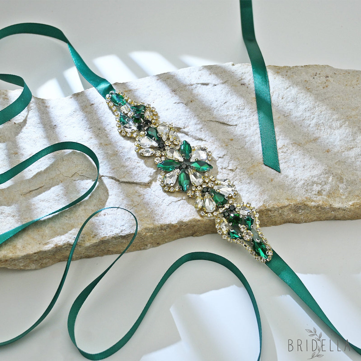 Green Rhinestone Bridal Belt Wedding Sash - Bridella BS137GKL - Green Ribbon - Belts