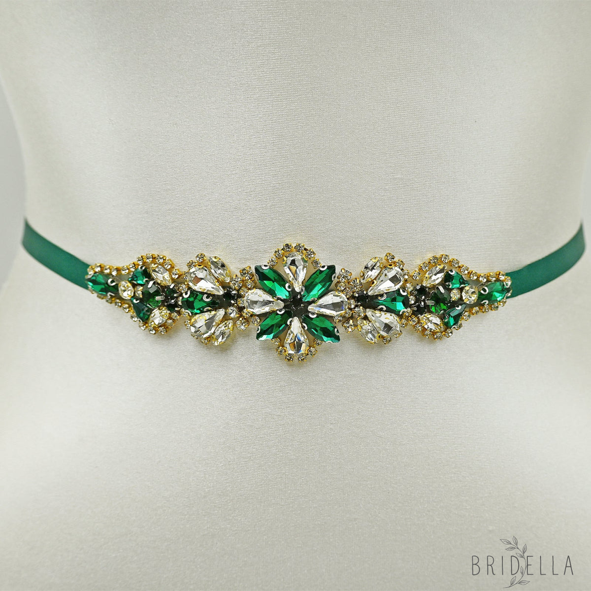 Green Rhinestone Bridal Belt Wedding Sash - Bridella BS137GKL - Green Ribbon - Belts