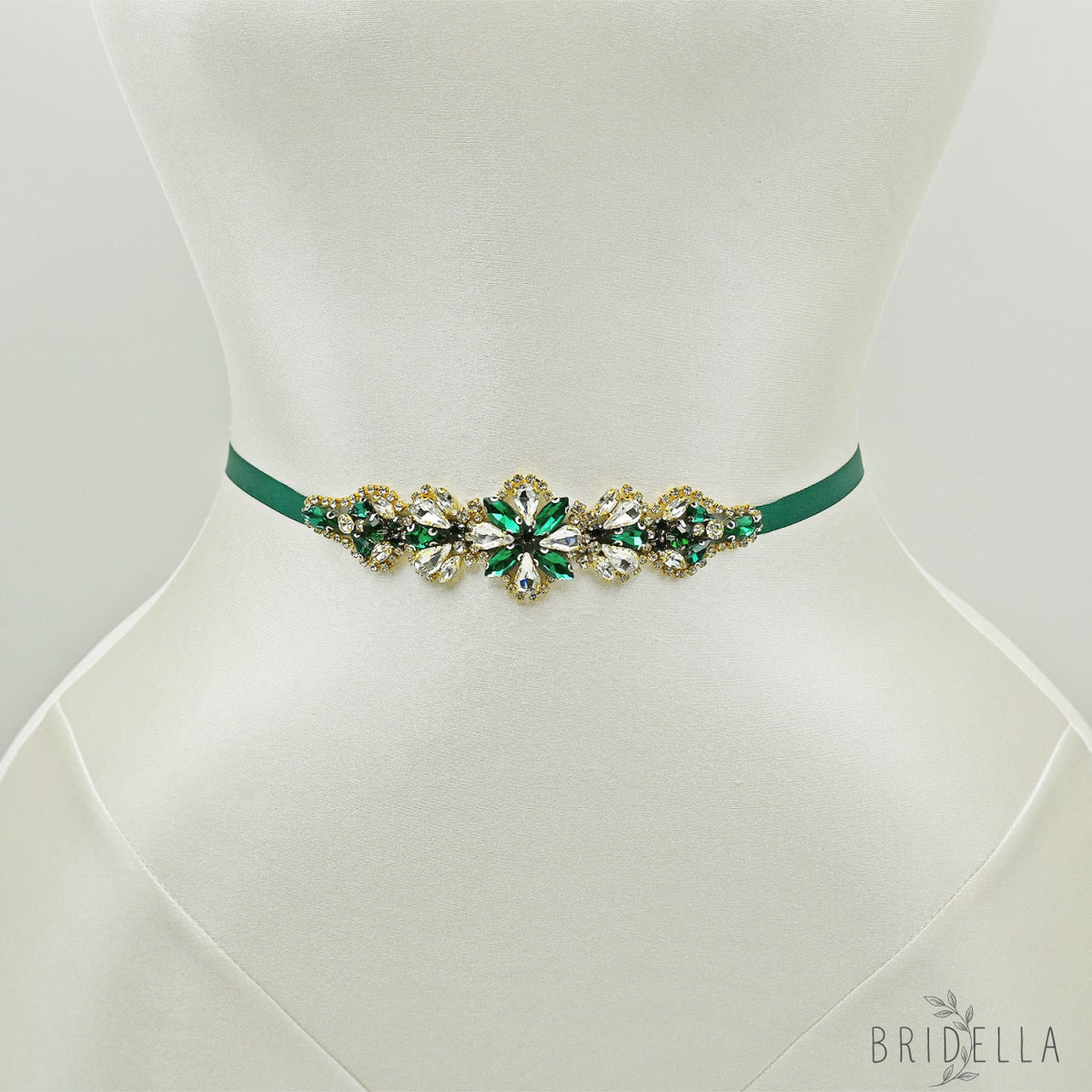 Green Rhinestone Bridal Belt Wedding Sash - Bridella BS137GKL - Green Ribbon - Belts
