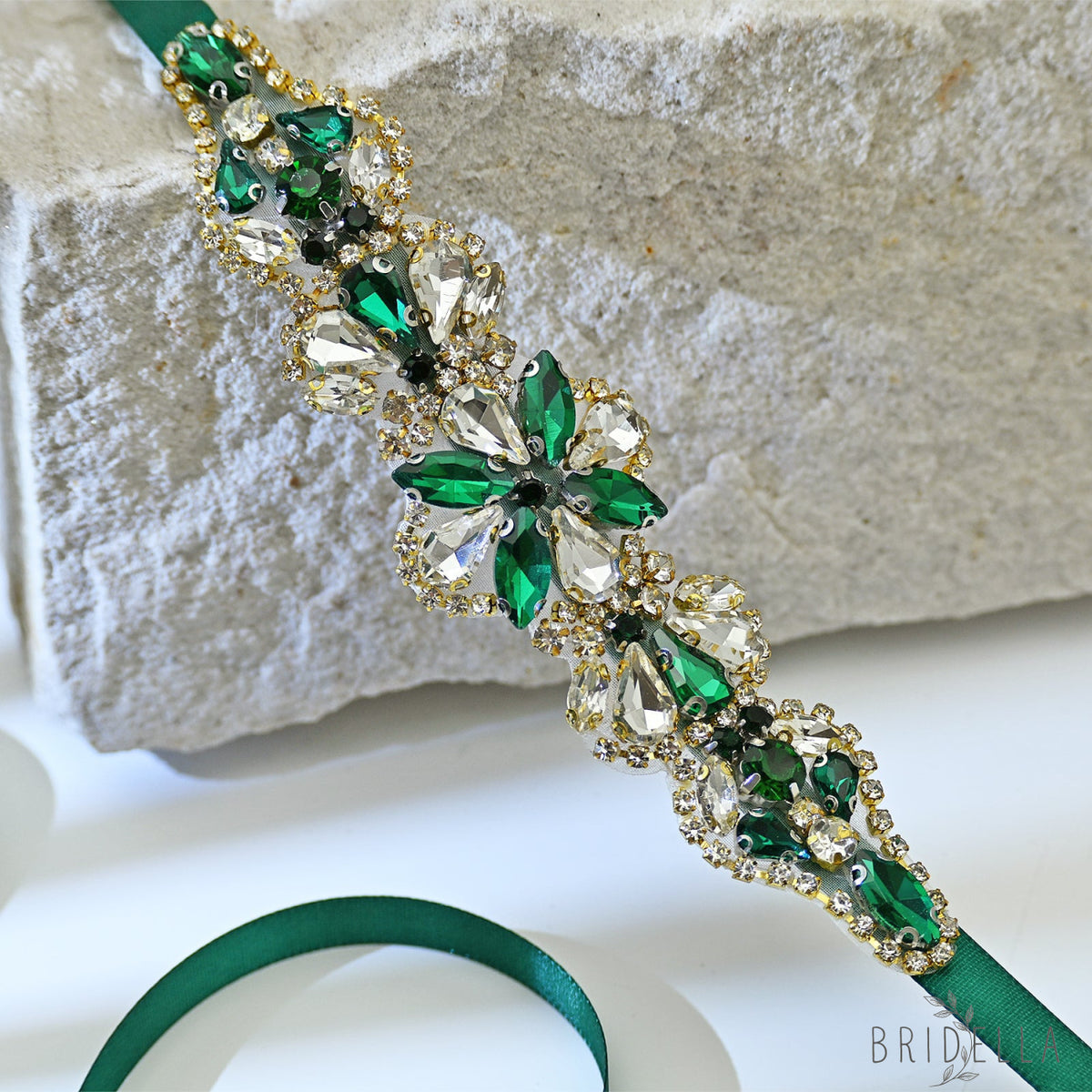 Green Rhinestone Bridal Belt Wedding Sash - Bridella BS137GKL - Green Ribbon - Belts