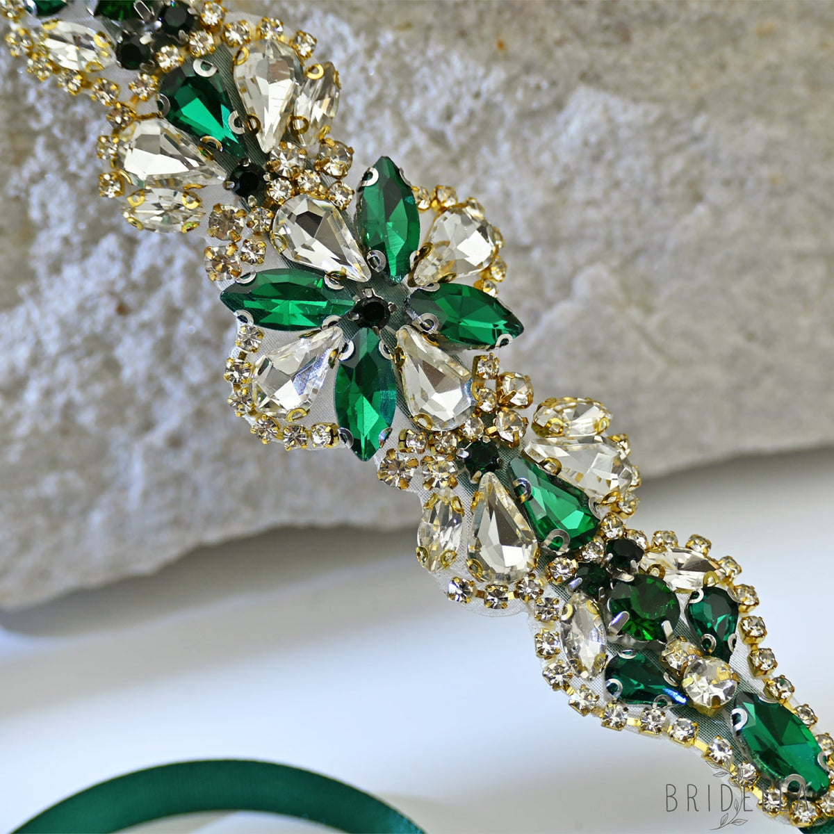 Green Rhinestone Bridal Belt Wedding Sash - Bridella BS137GKL - Green Ribbon - Belts