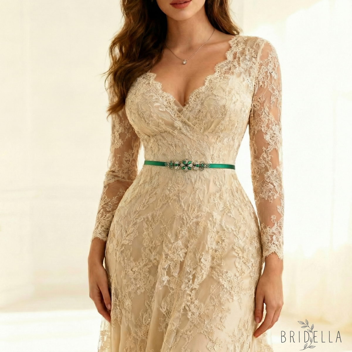 Green Rhinestone Bridal Belt Wedding Sash - Bridella BS137GKL - Green Ribbon - Belts