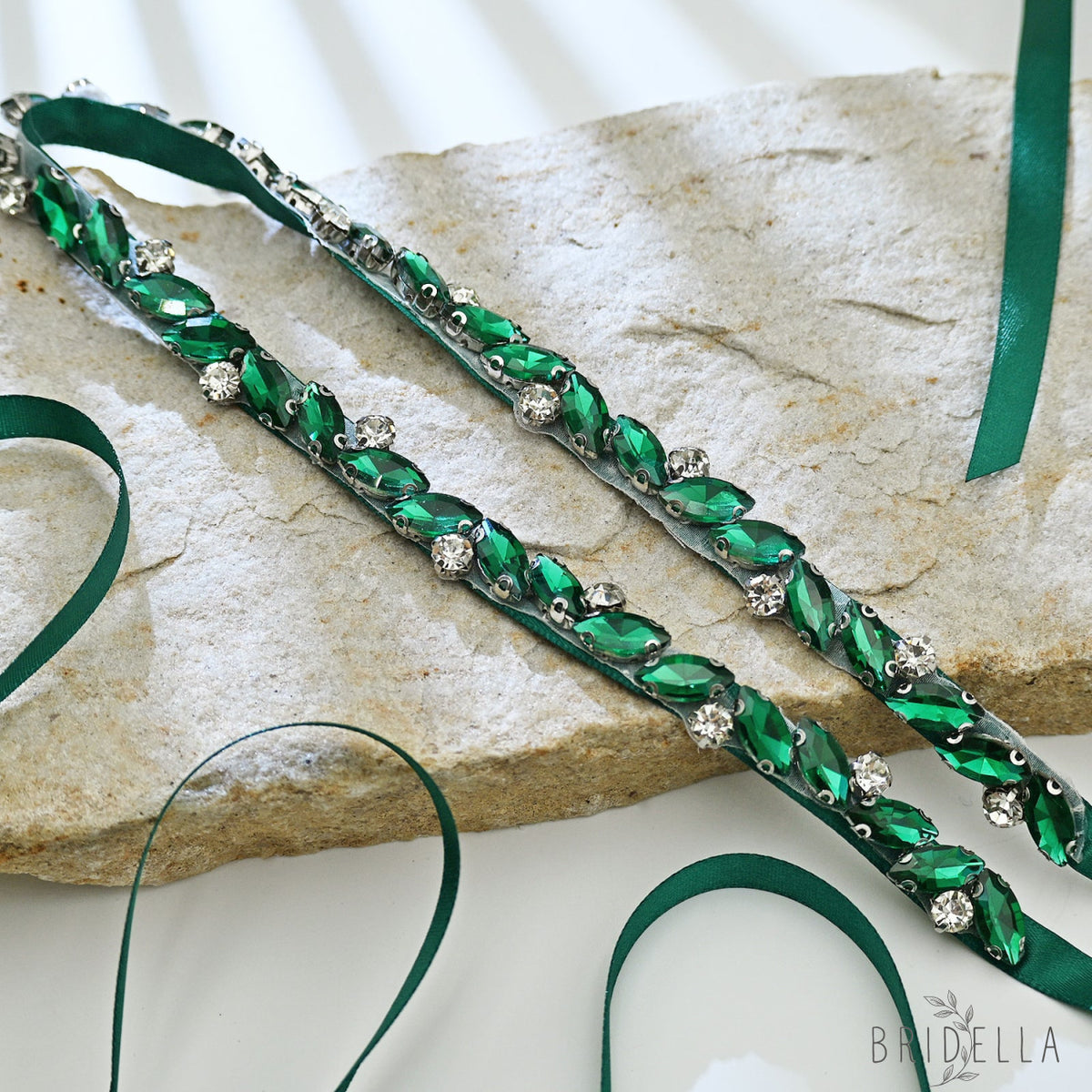 Green Rhinestone Bridal Belt Wedding Sash - Bridella BS149KL - Green Ribbon - Belts