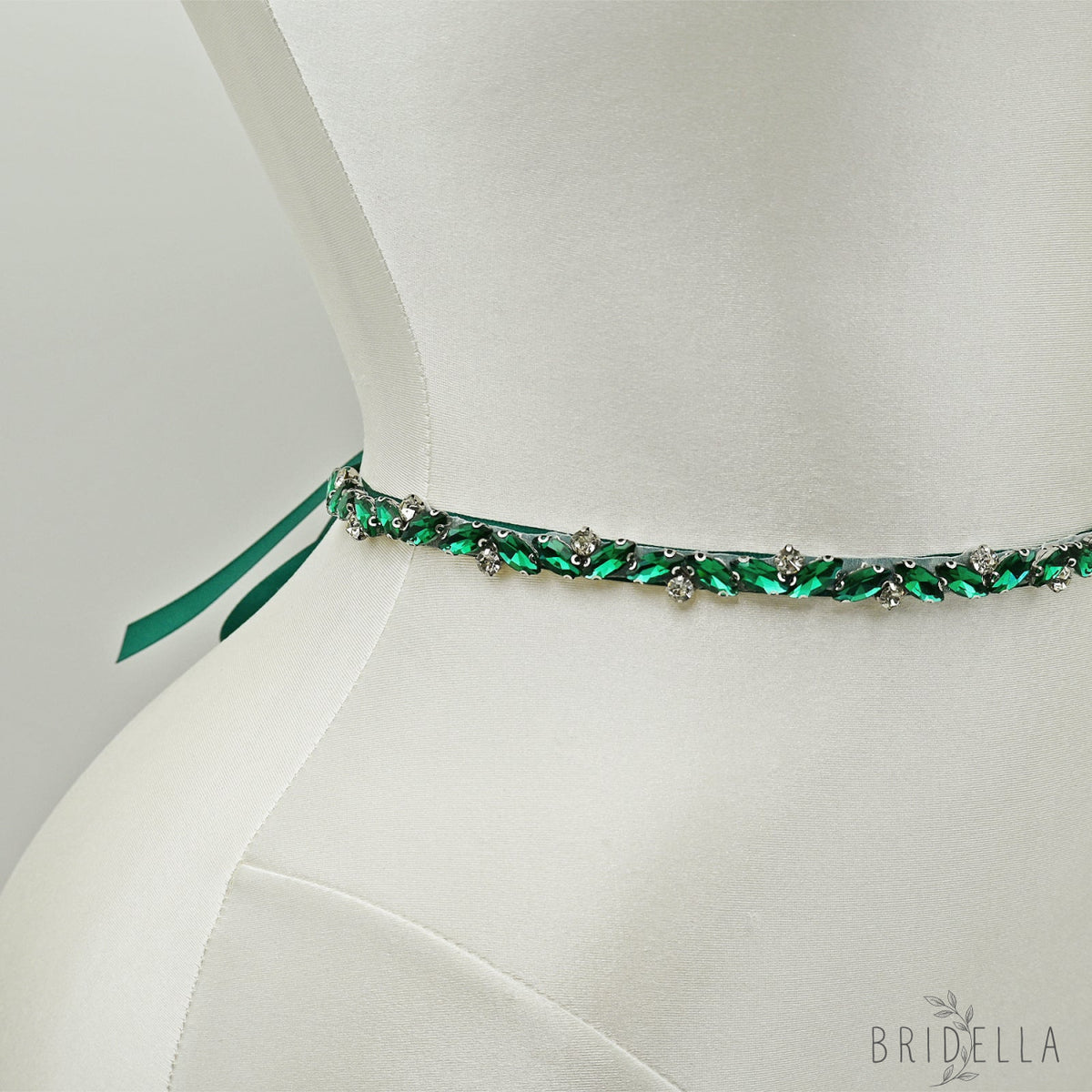 Green Rhinestone Bridal Belt Wedding Sash - Bridella BS149KL - Green Ribbon - Belts