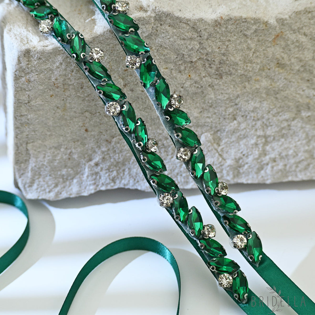 Green Rhinestone Bridal Belt Wedding Sash - Bridella BS149KL - Green Ribbon - Belts