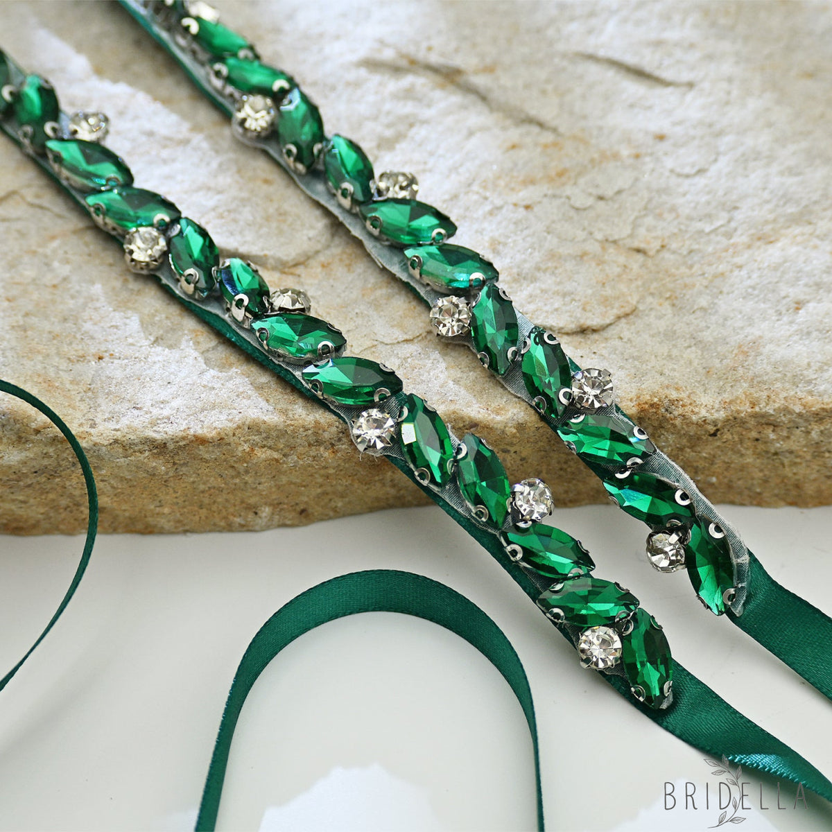 Green Rhinestone Bridal Belt Wedding Sash - Bridella BS149KL - Green Ribbon - Belts