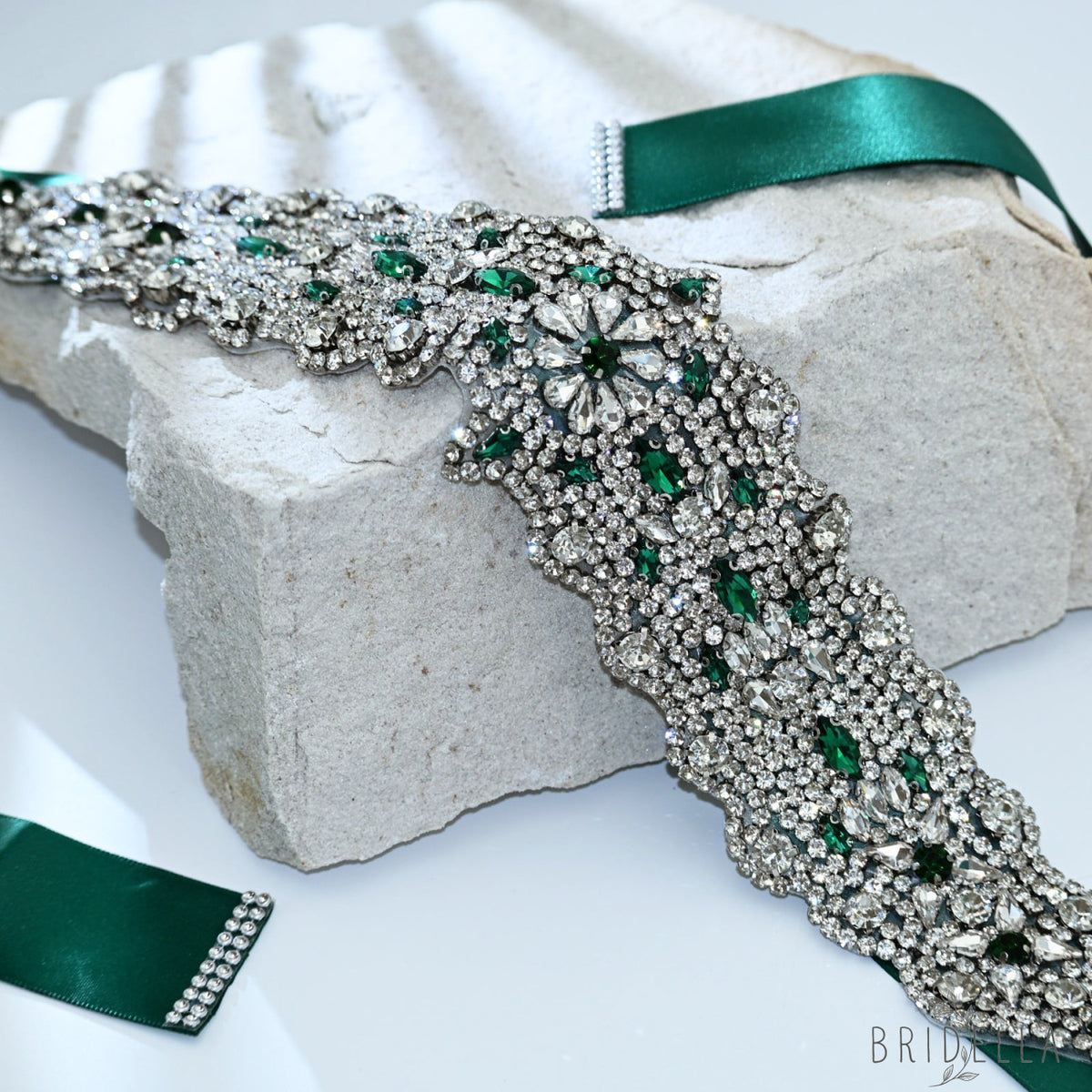 Green Rhinestone Bridal Belt Wedding Sash – Bridella BS233LKL - Green Ribbon - Blets