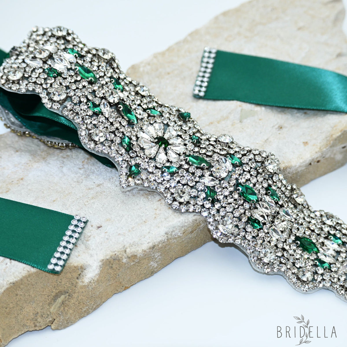 Green Rhinestone Bridal Belt Wedding Sash – Bridella BS233LKL - Green Ribbon - Blets