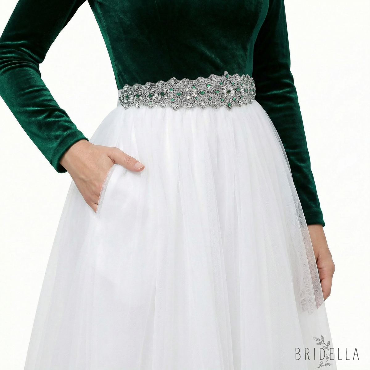 Green Rhinestone Bridal Belt Wedding Sash – Bridella BS233LKL - Green Ribbon - Blets