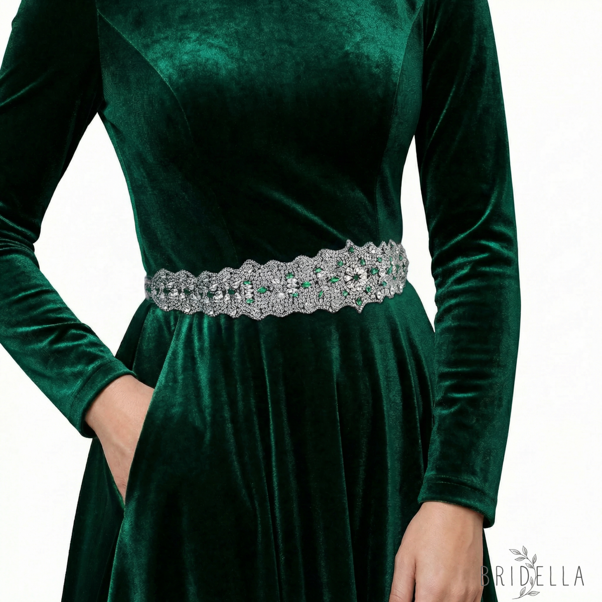 Green Rhinestone Bridal Belt Wedding Sash – Bridella BS233LKL - Green Ribbon - Blets