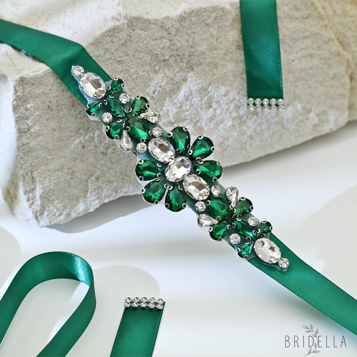 Green Rhinestone Bridal Belt Wedding Sash - Green Ribbon - Belts