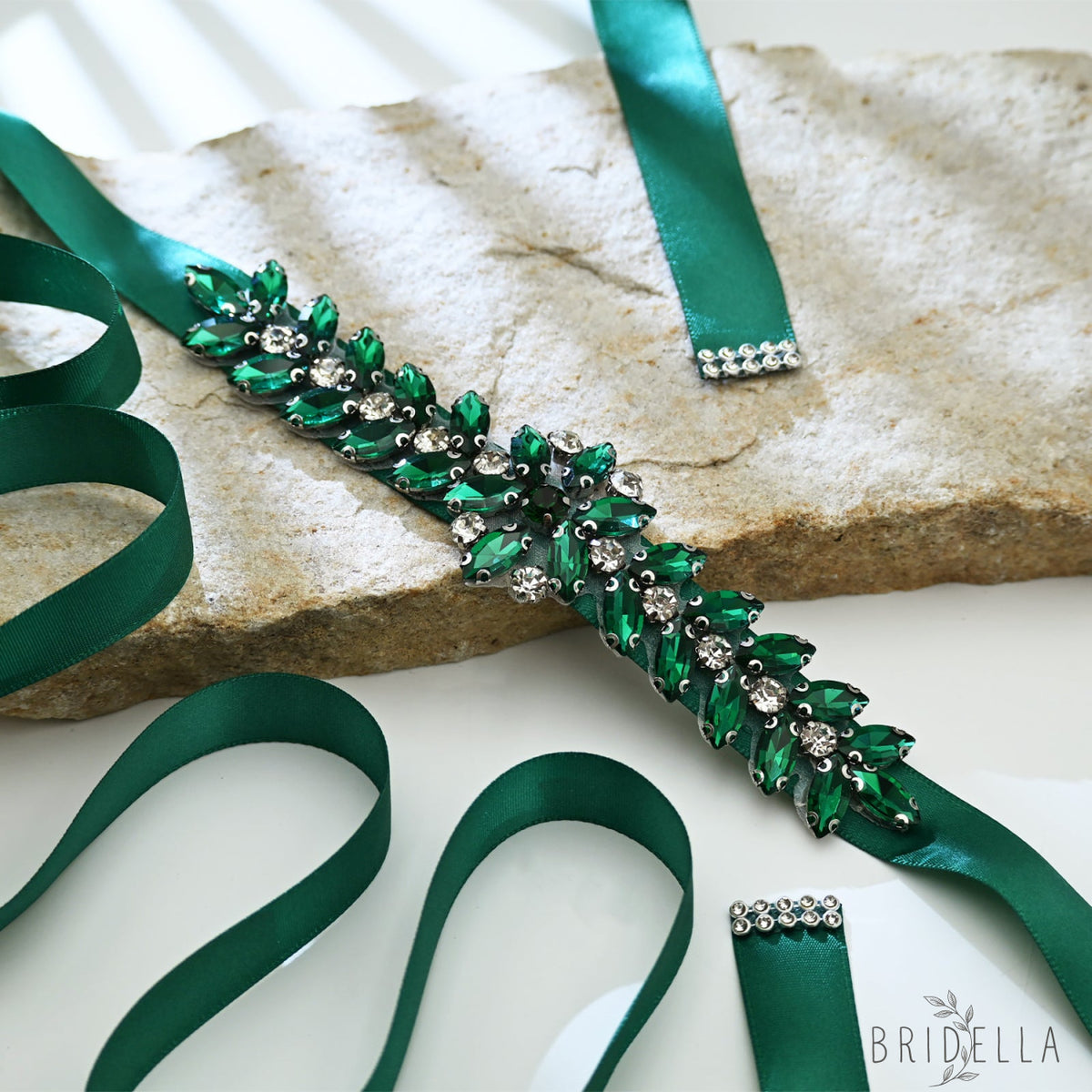Green Rhinestone Bridal Belt Wedding Sash - Green Ribbon - Belts