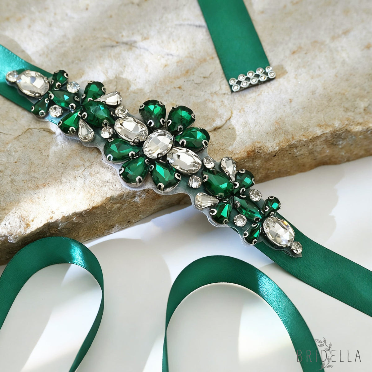 Green Rhinestone Bridal Belt Wedding Sash - Green Ribbon - Belts