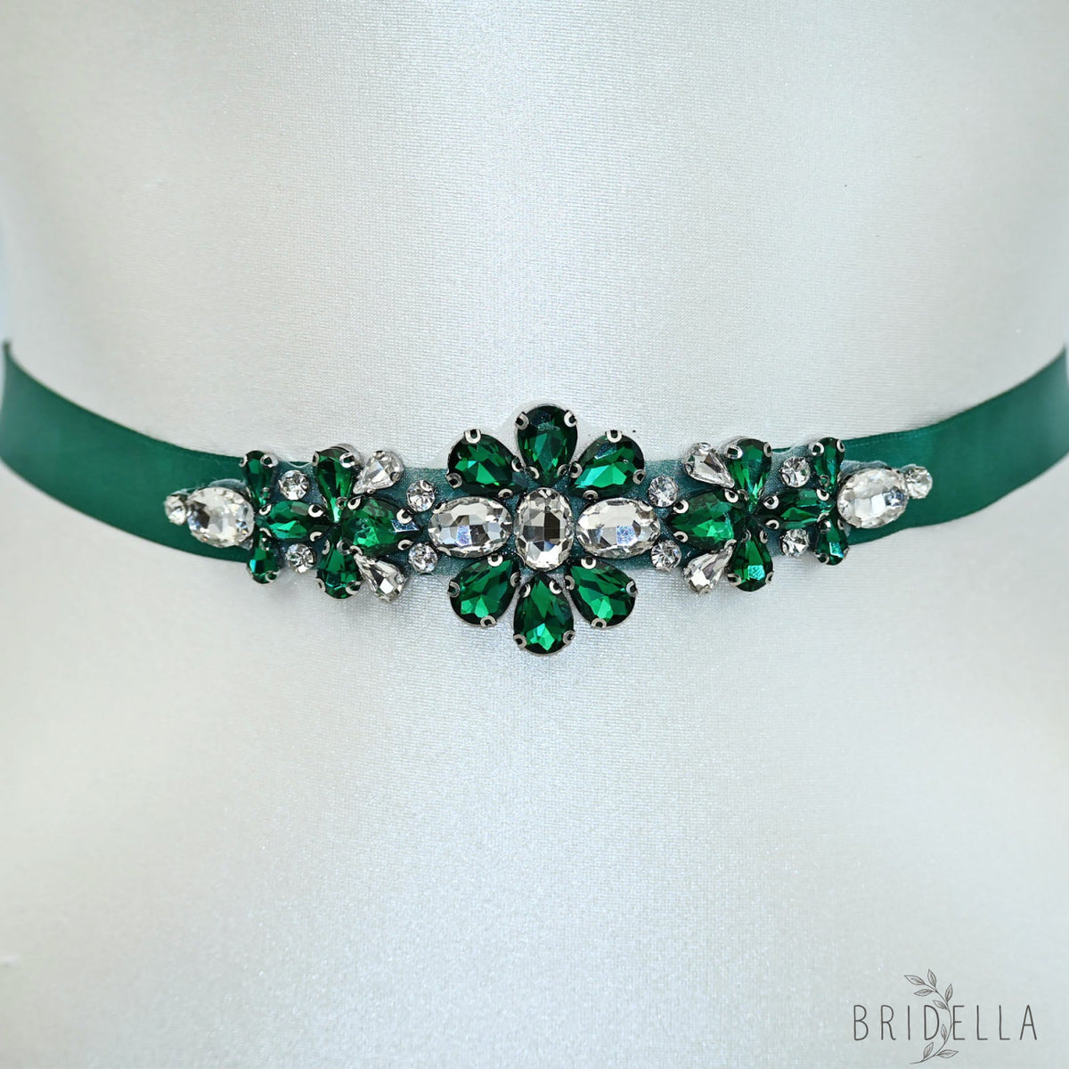 Green Rhinestone Bridal Belt Wedding Sash - Green Ribbon - Belts