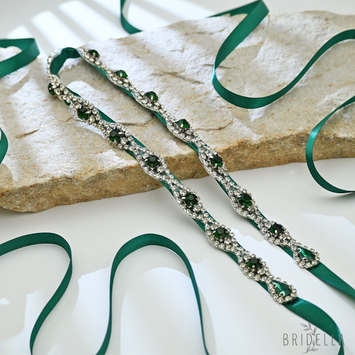 Green Rhinestone Bridal Belt Wedding Sash - Green Ribbon - Belts