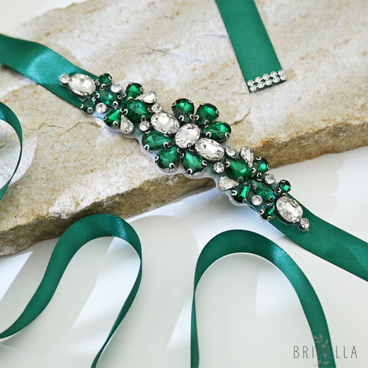 Green Rhinestone Bridal Belt Wedding Sash - Green Ribbon - Belts