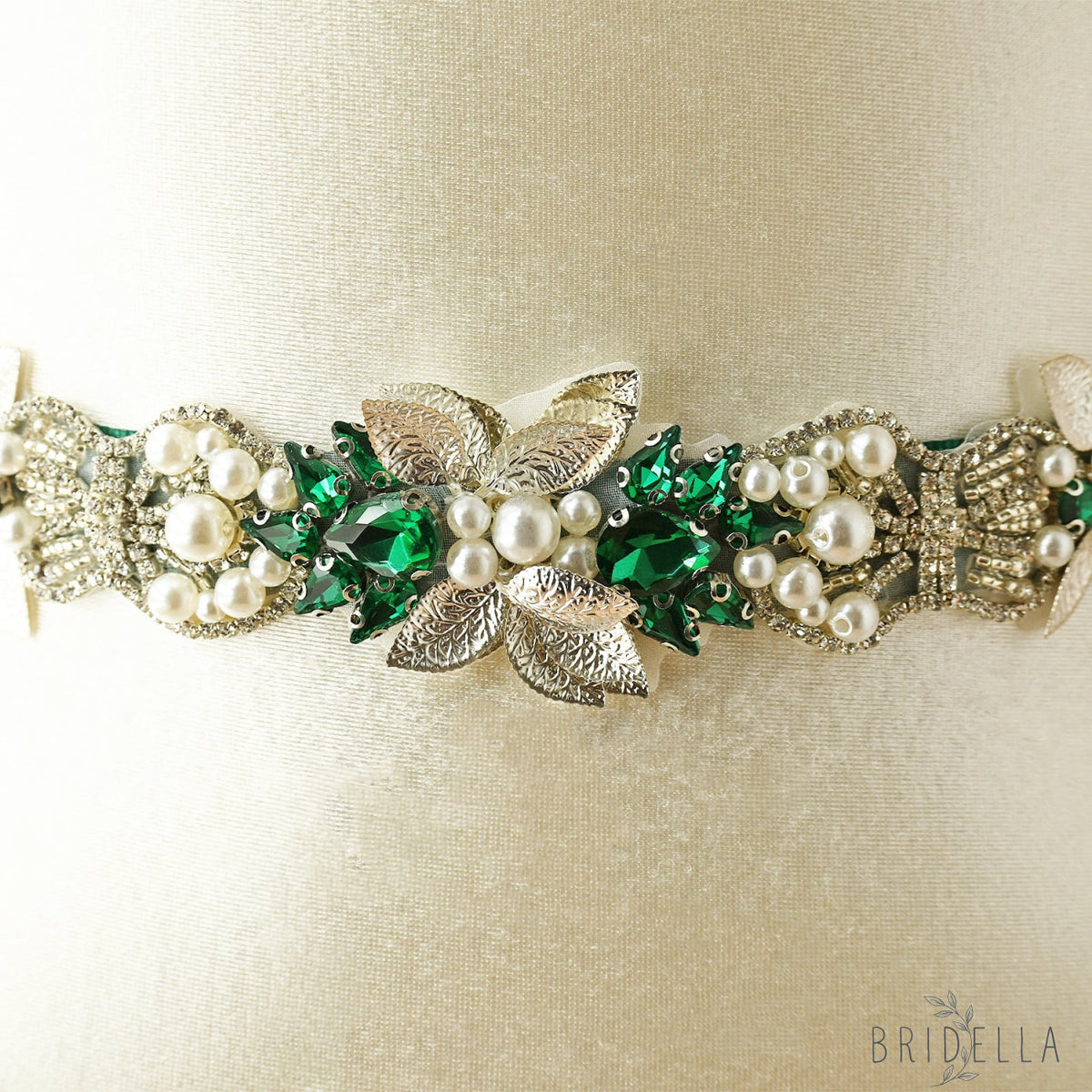 Green Rhinestone Bridal Belt Wedding Sash - Green Ribbon - Blets