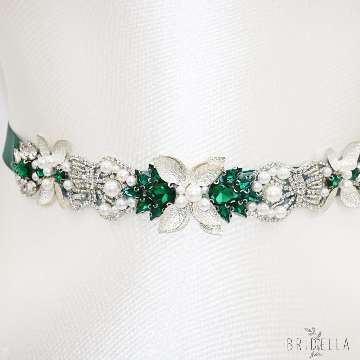 Green Rhinestone Bridal Belt Wedding Sash - Green Ribbon - Blets