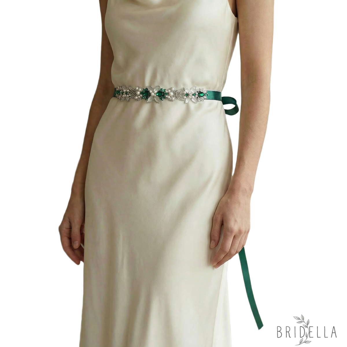 Green Rhinestone Bridal Belt Wedding Sash - Green Ribbon - Blets