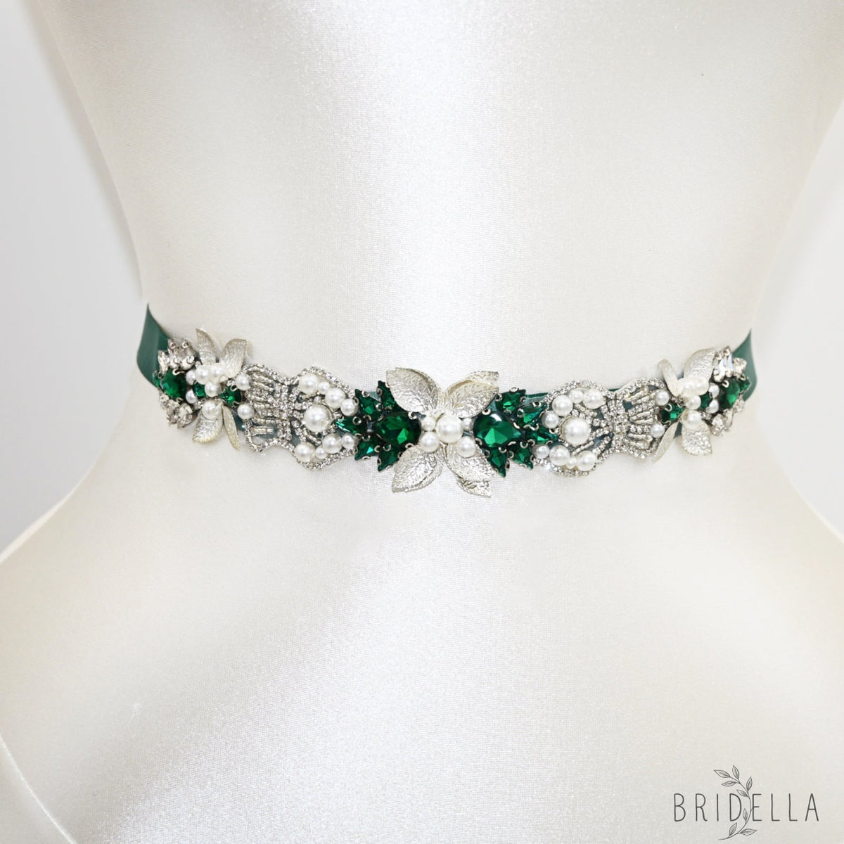 Green Rhinestone Bridal Belt Wedding Sash - Green Ribbon - Blets
