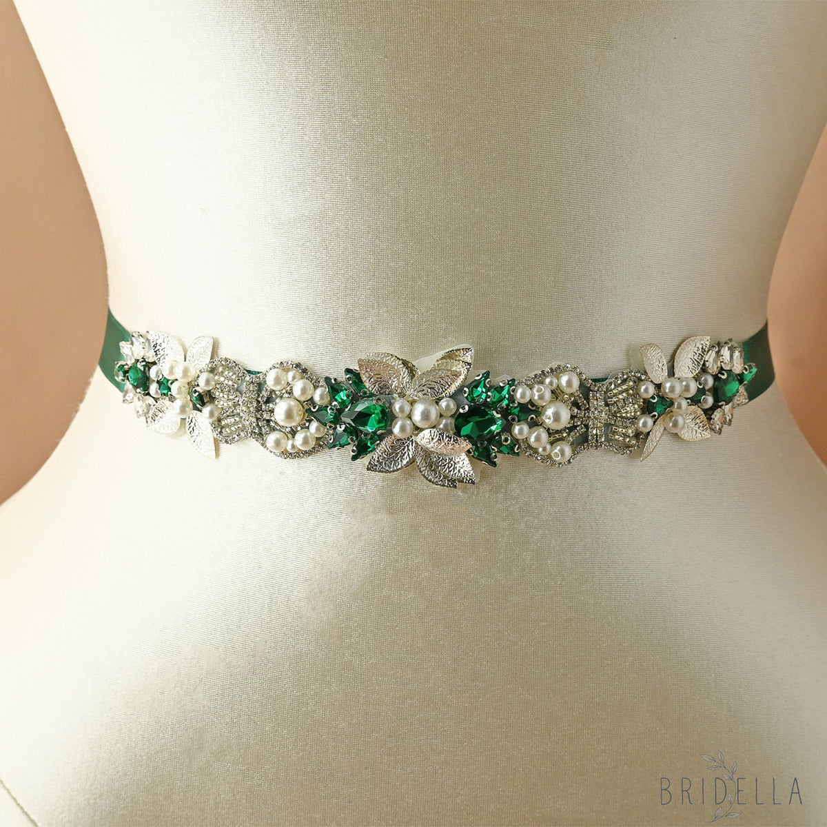 Green Rhinestone Bridal Belt Wedding Sash - Green Ribbon - Blets