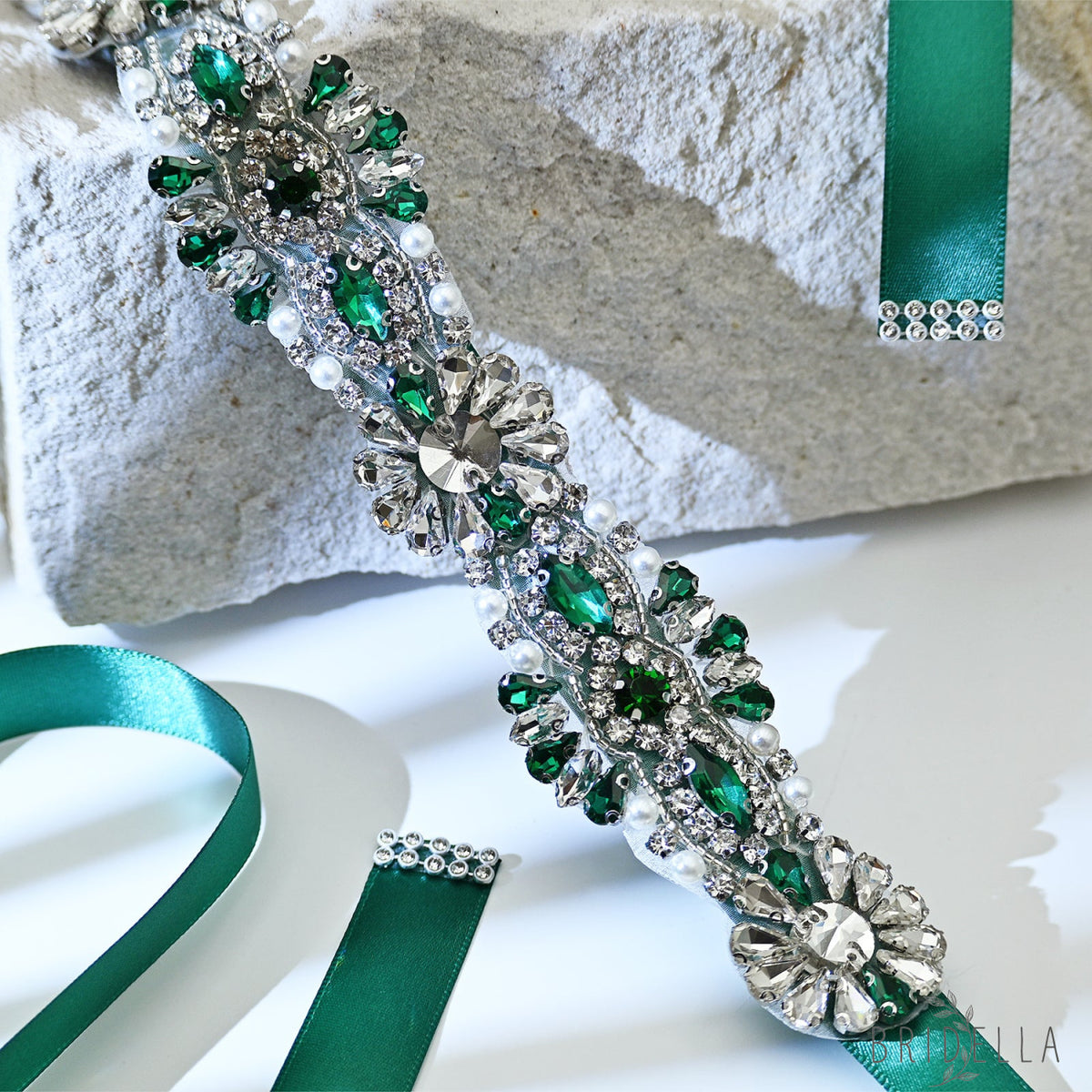 Green Rhinestone Bridal Belt with Ribbon Tie Waist Sash Bridella BS237KL - Emerald - Belts