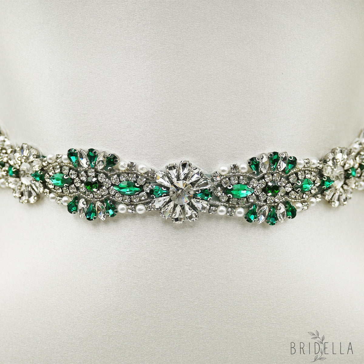 Green Rhinestone Bridal Belt with Ribbon Tie Waist Sash Bridella BS237KL - Emerald - Belts