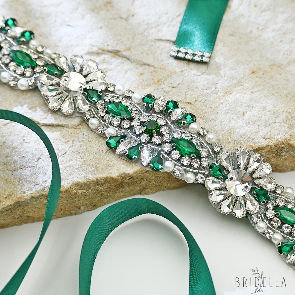 Green Rhinestone Bridal Belt with Ribbon Tie Waist Sash Bridella BS237KL - Emerald - Belts