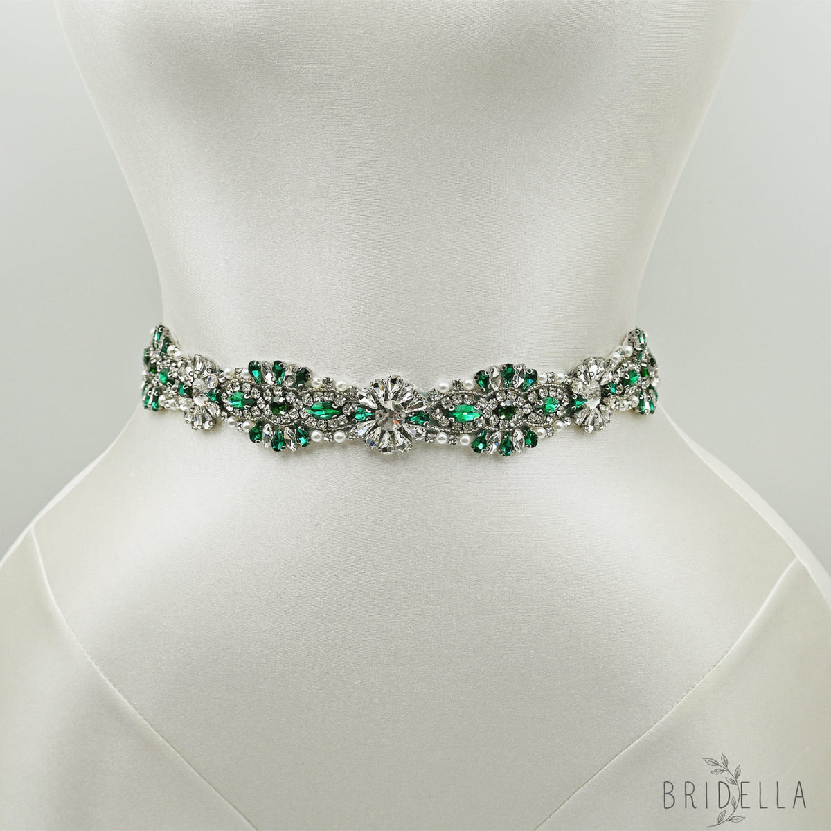 Green Rhinestone Bridal Belt with Ribbon Tie Waist Sash Bridella BS237KL - Emerald - Belts