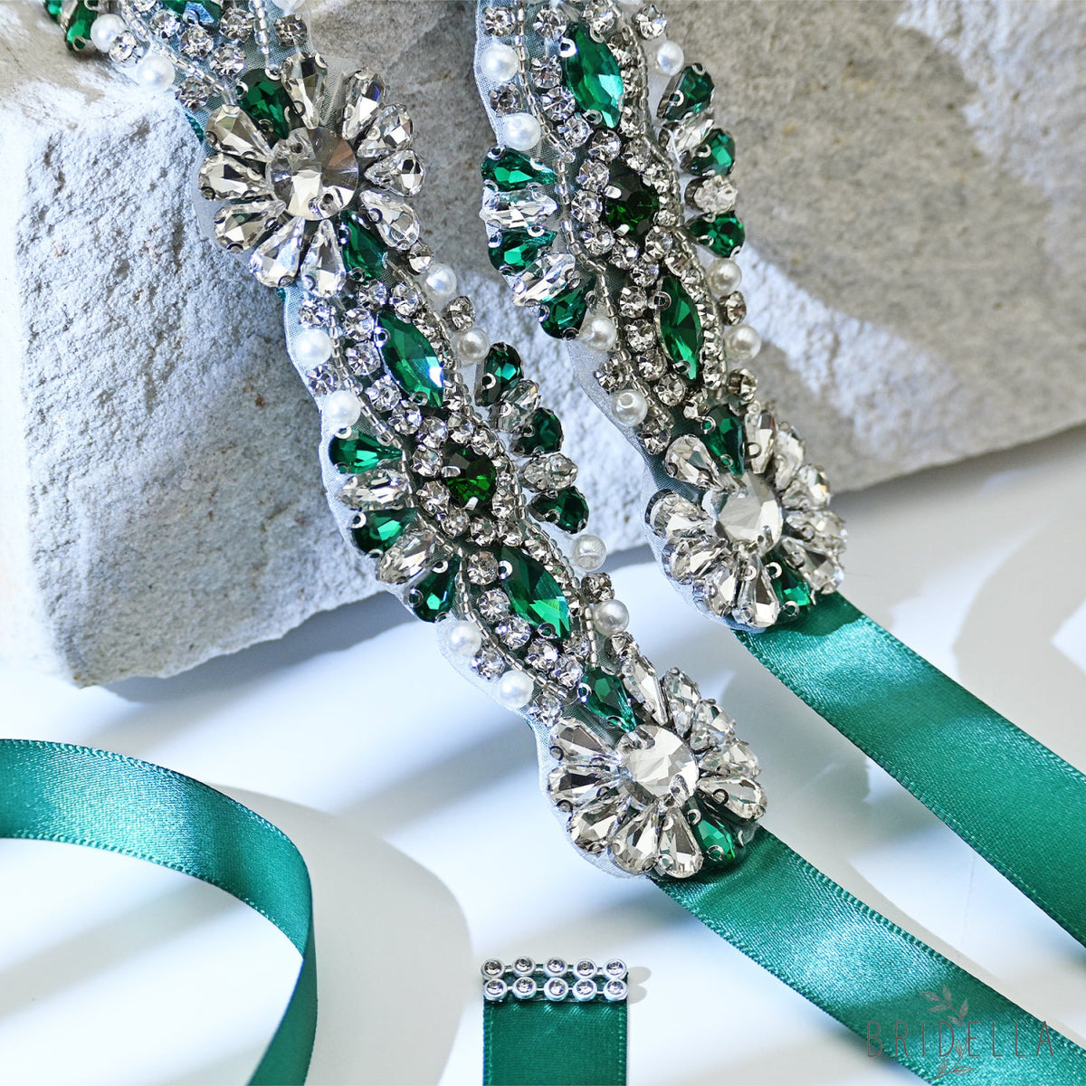 Green Rhinestone Bridal Belt with Ribbon Tie Waist Sash Bridella BS237KL - Emerald - Belts